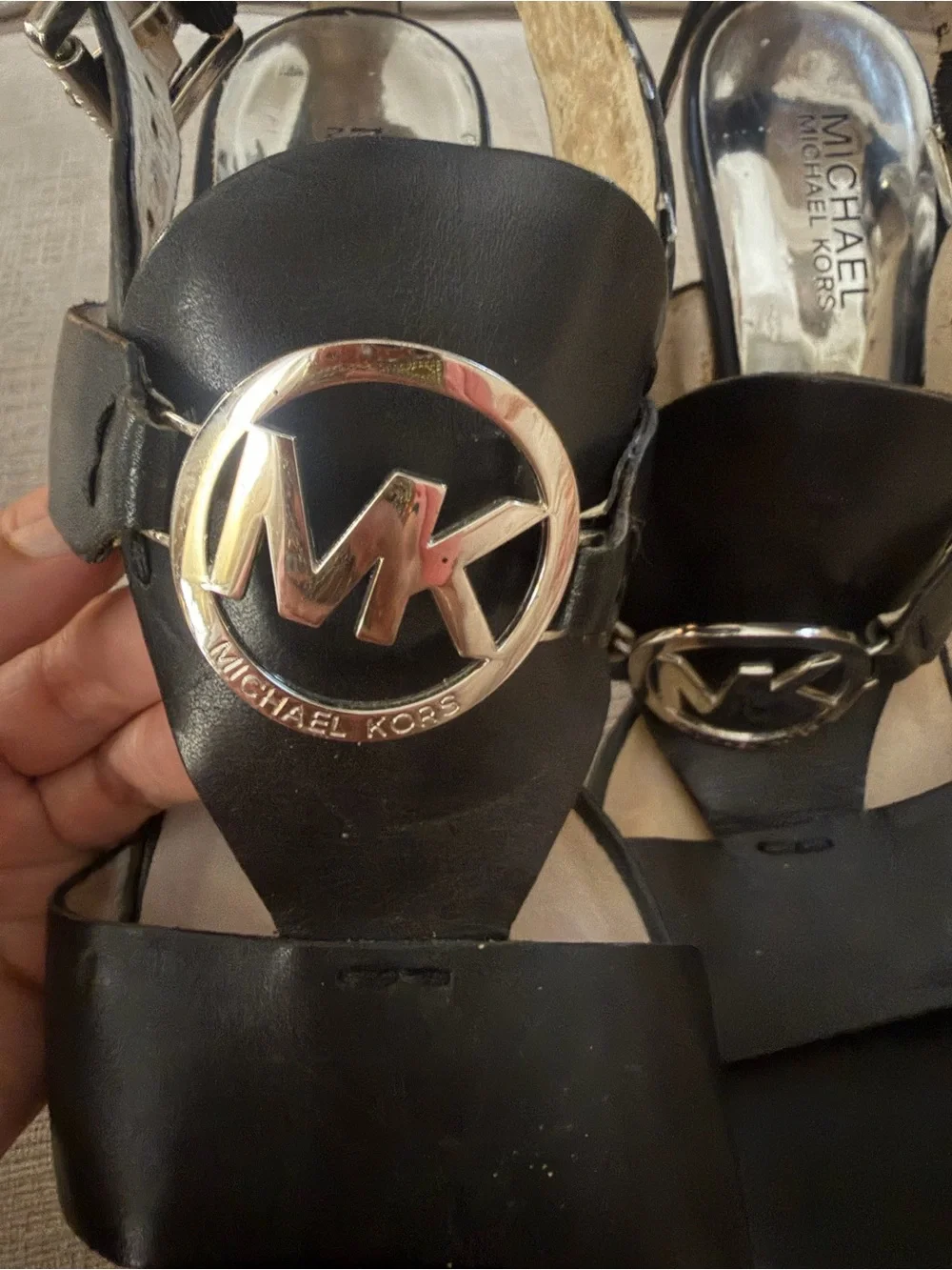 Michael Kors Black Leather MK Medallion Slingback Sandals